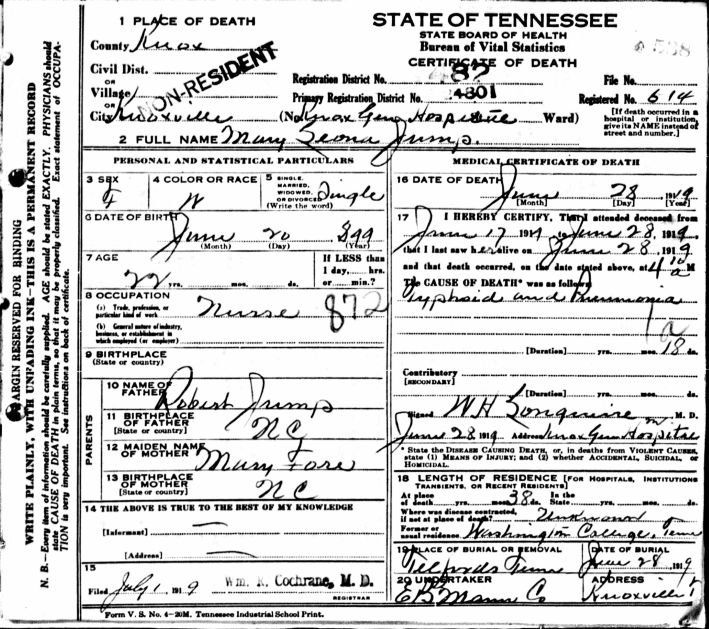 Mary Leona Jump's Death Certificate